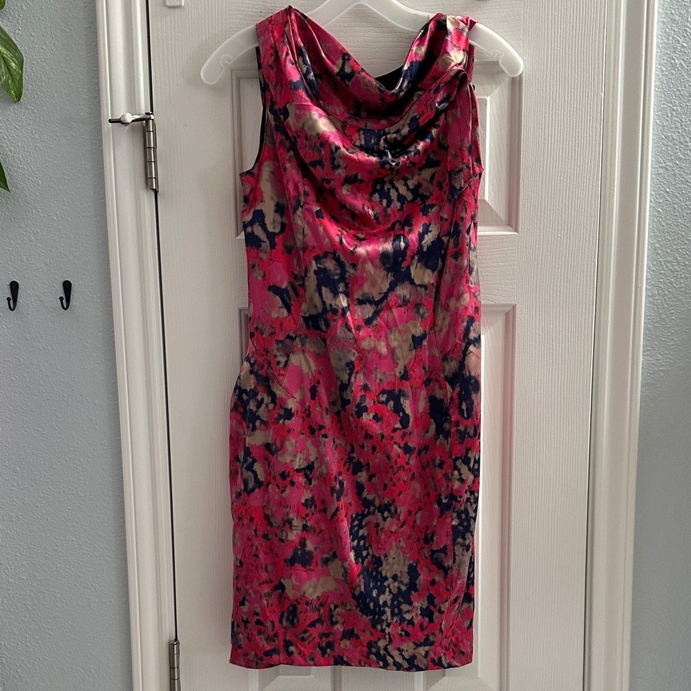 Eva Franco Vibrant Pink Navy Midi Dress Women’s 4 Low Back Feminine Cocktail